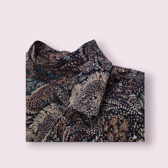 breckenridge Sheer Brown Lion Print Paisley Ruffle Neck Blouse - Picture 6 of 7